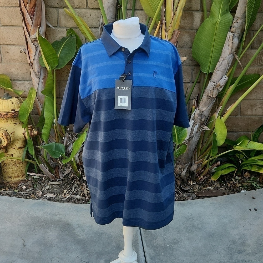 Ashworth Modfit Blue Striped Short Sleeve Polo Shirt XXL NWT